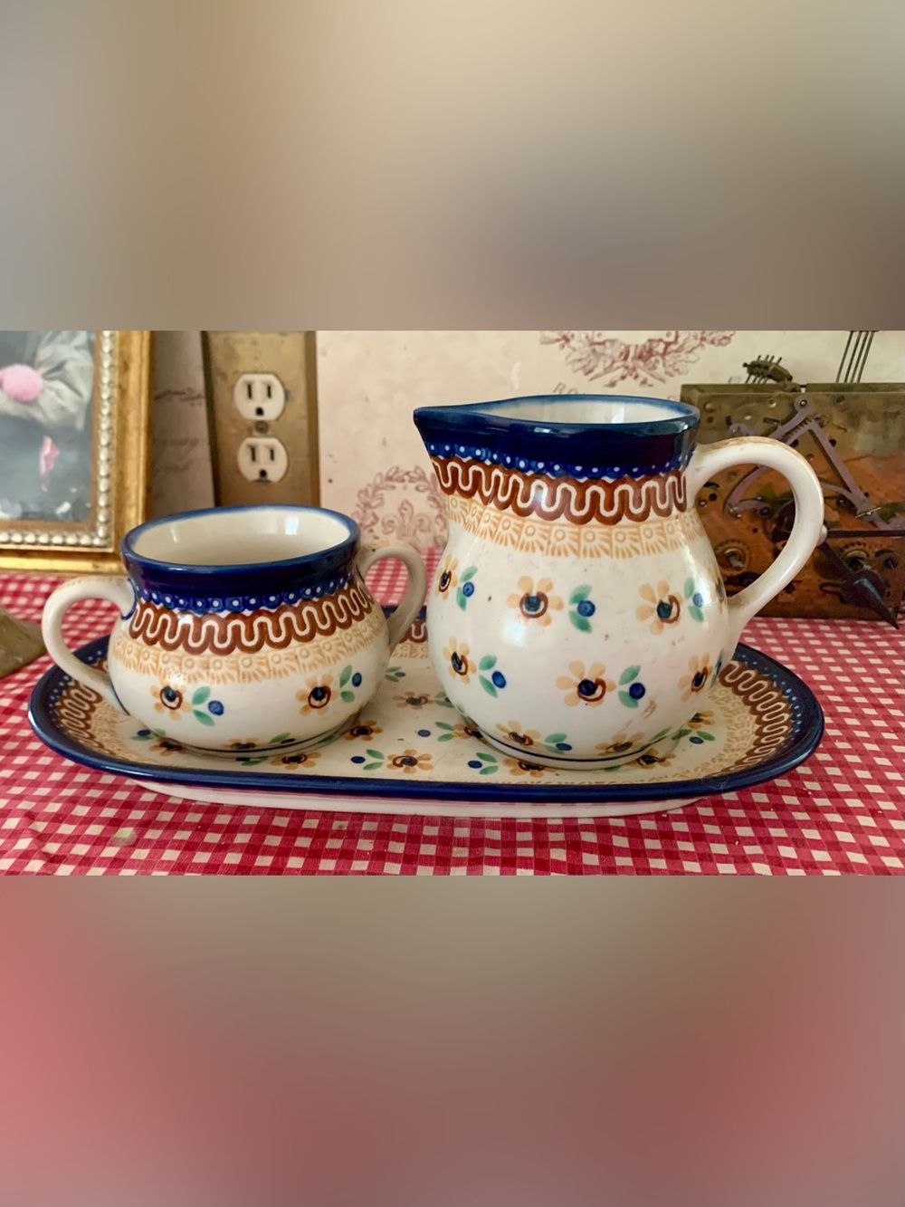 Hand-Painted Floral Ceramic Creamer & Sugar Set in Cream and Blue Polish Pottery